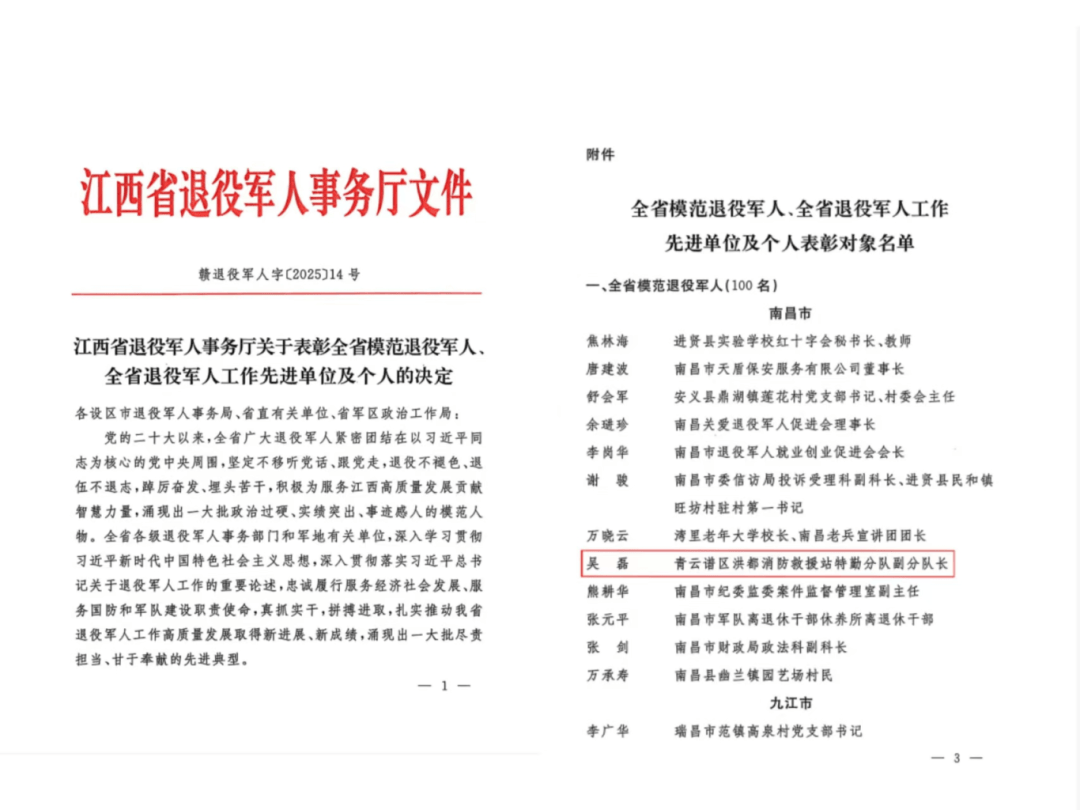 重磅！南昌支队青云谱大队吴磊同志荣获“全省模范退役军人”称号！